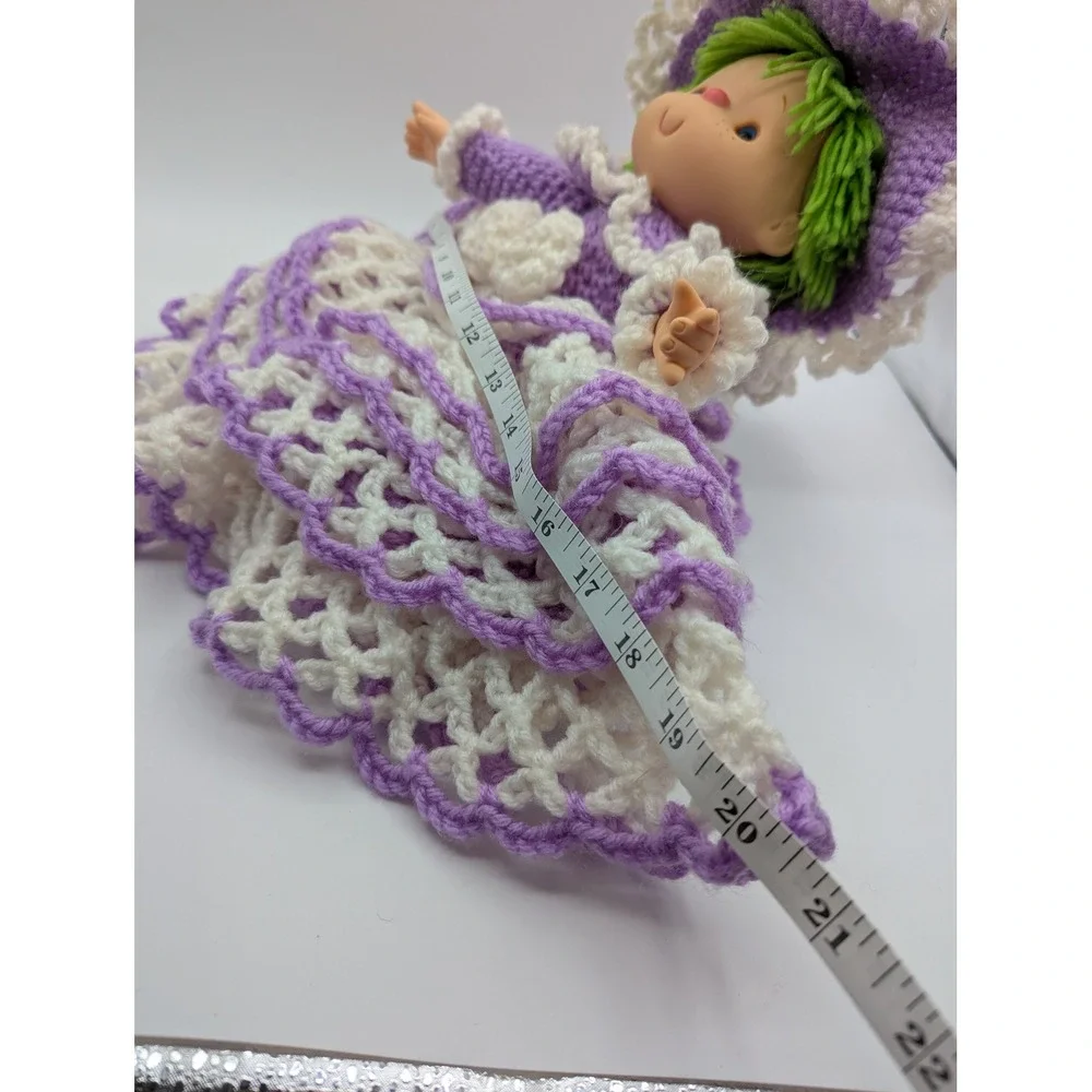 Vintage Handmade Crochet Bed Doll Purple White Ruffle Gown Green‎ Hair 10 Inch